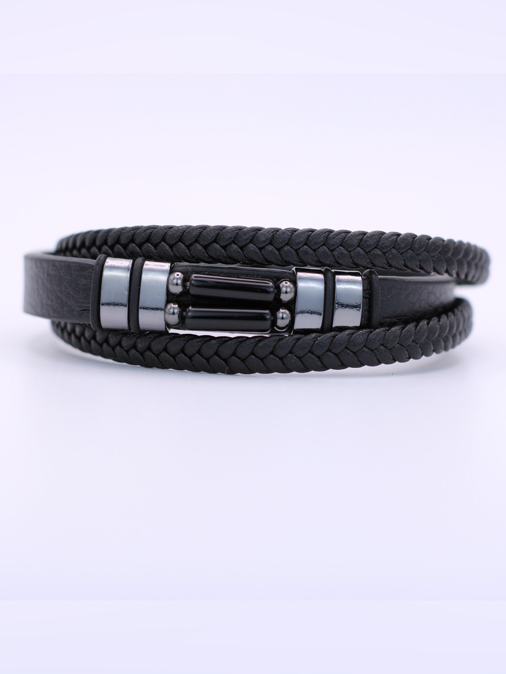 Men's Black Braided Leather Bracelet with Metal Accents